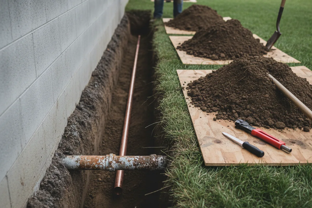 Excavated water line trench during Sewer Line Repair in Medway